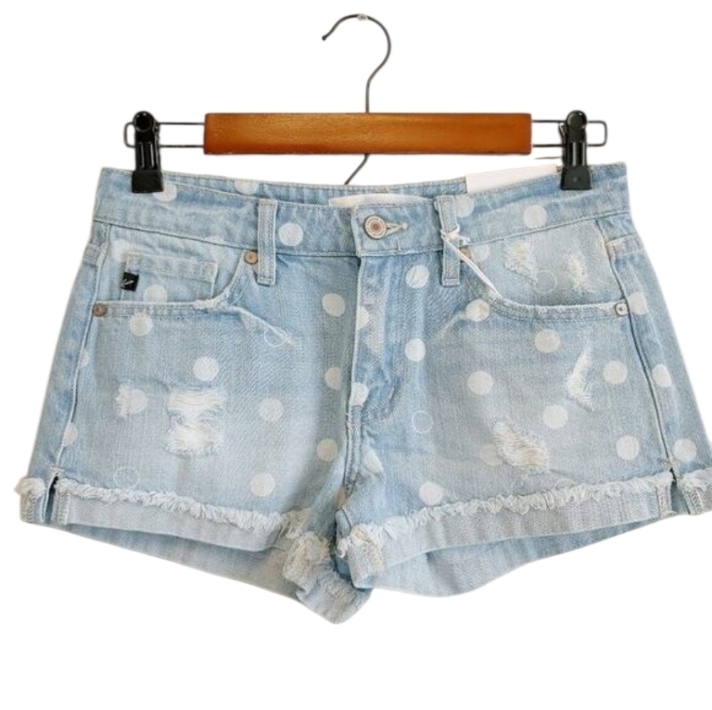 KanCan Women's Denim Estilo Mid-Rise Cuffed Light Wash Polka Dot Shorts Sz XS